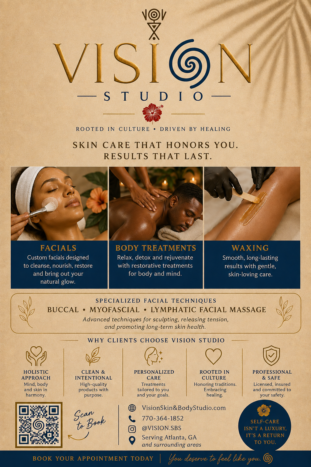 Vision Studio services flyer featuring facials, body treatments, waxing, and booking details